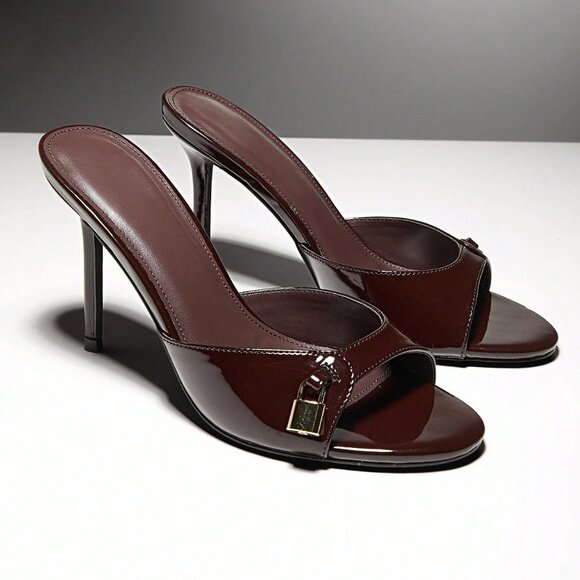 Chocolate Brown Elegant Women's Slip-On Heeled Sandals With Lock Decor - Picture 4 of 6